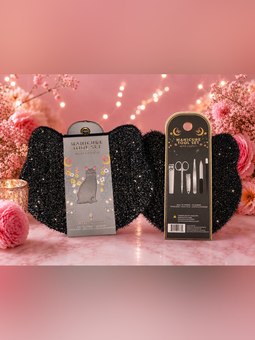 Manicure Tool Set with Clutch - Black Cat Clutch Design